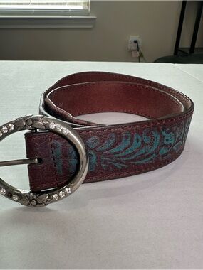 Genuine Leather Western Belt Brown Turquoise Embossed Rhinestone Buckle Boho